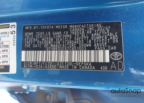 2007 Toyota Corolla S из США, поврежденный, VIN 2T1BR32E67C851003